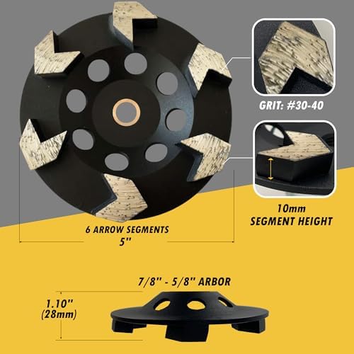 5" Diamond Grinding Wheel 6 Arrow Seg for Concrete & Coating 7/8"-5/8"