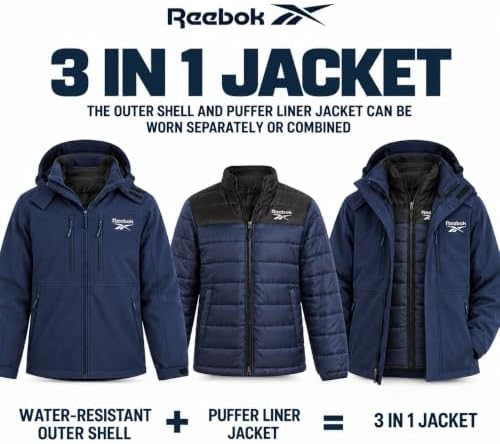 Reebok Mens 3-in-1 Softshell Systems Weather Resistant Midweight Jacket