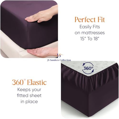 JS Sanders Collection 600TC Flex Top Queen Sheets for Sleep Number Bed - 100% Cotton 4 Pcs Top Split Queen Sheets for Adjustable Bed Queen 32 Inch Down Plum -18 Inch Deep