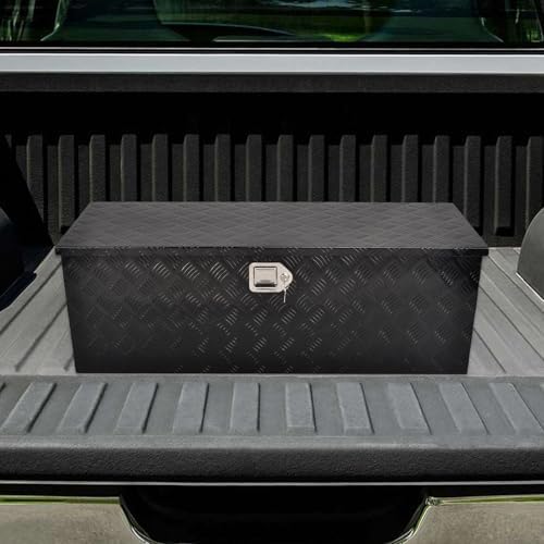 44 Inch Heavy Duty Aluminum Truck Tool Box Pick Up Truck Bed RV Trailer Toolbox Storage Organizer with Side Handle, Lock & Keys，Black,5 Bar Tread 44"(L) X15''(W) X15(H) Storage Box