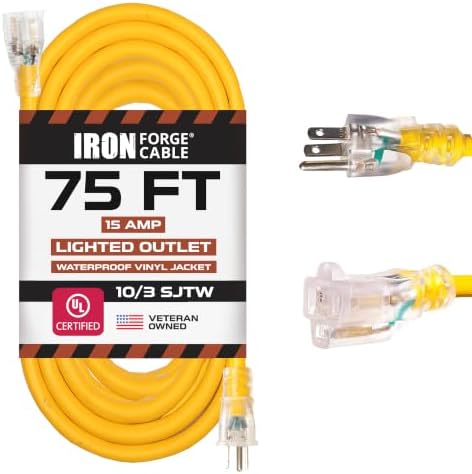 Iron Forge Cable 10 Gauge Extension Cord Heavy Duty, 75 Ft - Yellow SJTW