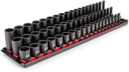 TEKTON 3/8 Inch Drive Impact Socket Set, 57-Piece | SID91123 | (6 - 24 mm), Shallow, Semi-Deep, and Deep, 12-Point, Socket Rail