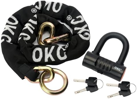 OKG Ultra Security Motorcycle Chain Lock - 4 Keys, 13lbs, 5 ft x 1/2 in (12mm) Thick Noose Security Chain Combo 11/16" (18mm) Small U Lock for Motorcycles, Mopeds, E-Bikes, Trailers, ATVs, etc.