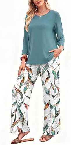 WIHOLL Two Piece Sets for Women Lounge 3/4 Length Sleeve Womens Tops Graphic Pants with Pockets Summer Outfits 2026