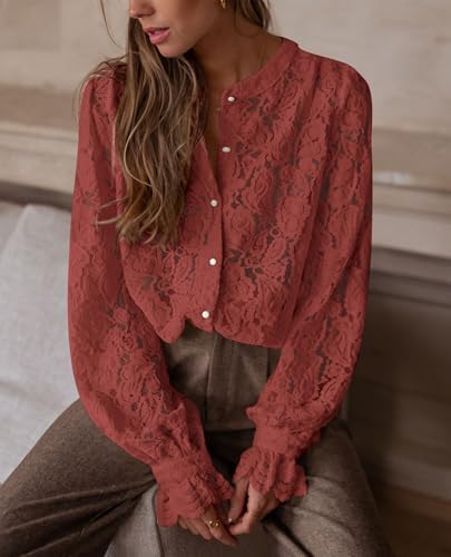 PRETTYGARDEN Women's Fall Trendy Long Sleeve Lace Tops