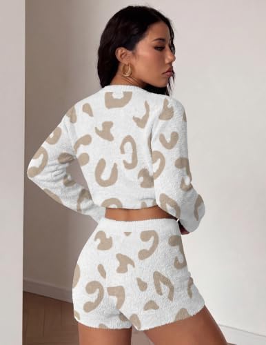 Ekouaer Fuzzy Fleece Pajamas 2 Piece Warm Soft Lounge Set Long Sleeve Sweater Top and Shorts Loungewear Outfits Sweatsuits
