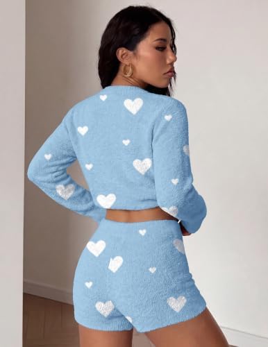 Ekouaer Fuzzy Fleece Pajamas 2 Piece Warm Soft Lounge Set Long Sleeve Sweater Top and Shorts Loungewear Outfits Sweatsuits