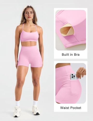 SUUKSESS Women 2 Piece Workout Sets Padded Halter Sports Bras High Waisted Biker Shorts with Pockets
