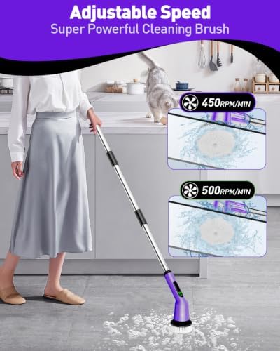 Electric Spin Scrubber for Cleaning Bathroom, Shower Scrubber Cordless Cleaning Brush with IPX7 Waterproof & 2 Speed, 3 Brush Heads, Bathroom Cleaning Supplies for Shower Tub Kitchen Tile Toilet