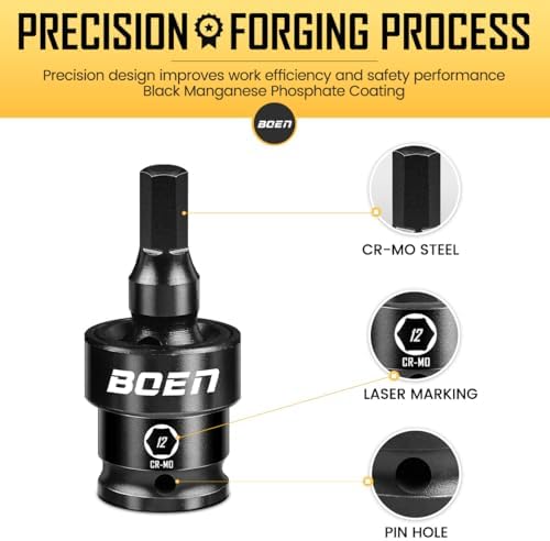 BOEN 8-Pieces Universal Hex Bit Driver Impact Socket, 1/2" Drive Metric Size (6, 7, 8, 10, 12, 14, 17, 19mm) With Socket Rail, CR-MO Steel