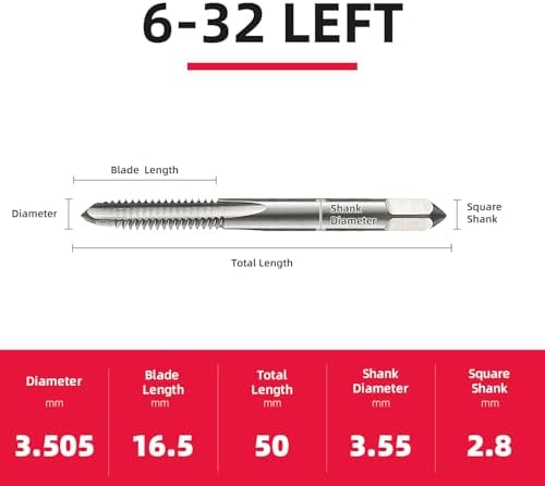 6-32 Left Hand Straight Flute Thread Tap Machine Tap HSS (High Speed Steel) Threading Tapping Repair Tools DRINYOUNG (6-32 Left)