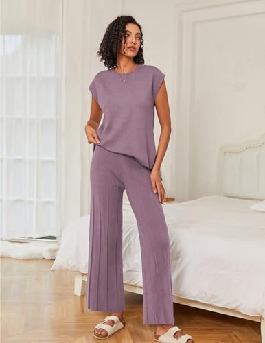 Ekouaer Lounge Sets for Women Two Piece Outfits Knit Cap Sleeve Tops Wide Leg Pleated Pants Casual Dressy Sweater Sets