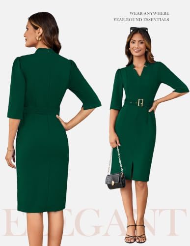 GRACE KARIN Women's Work Dress 3/4 Sleeve V Neck Bodycon Dress with Belt