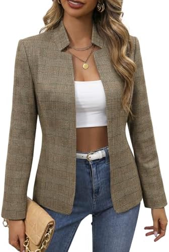 Mina Self 2026 Fall Women's Open Front Tweed Blazer,Plaid Fitted Jacket