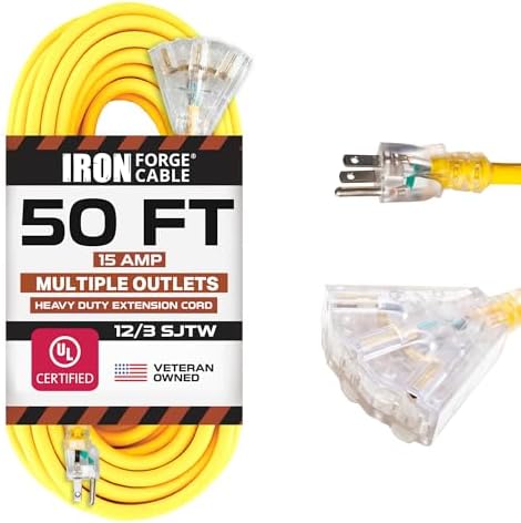 Iron Forge Cable 12 Gauge Extension Cord Multi Outlet, 50 Ft - Yellow SJTW