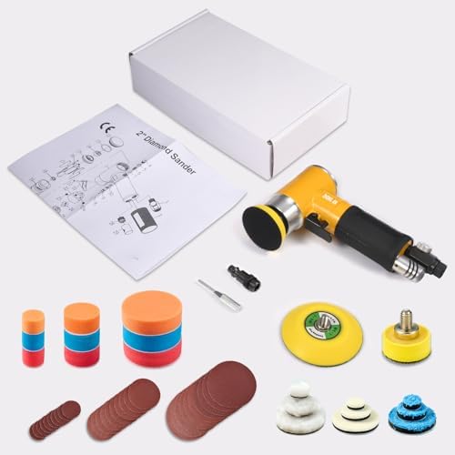 1/2/3in Mini Orbital Sander Pneumatic da sander Polisher for Auto Body Work Wood working, with 18 Pcs 1/2/3in Polishing Sponge & Wool Pads, 30Pcs Sandpapers (Yellow)