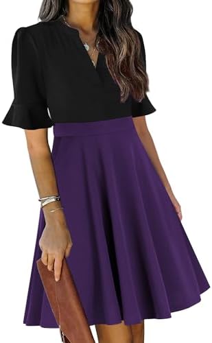 Mokayee Womens Summer V Neck Ruffle Short Sleeve Fit and Flare Knee Length Church Wedding Guest Dresses with Pockets