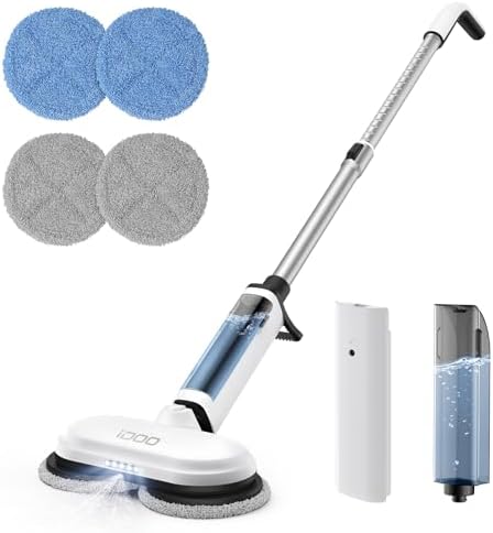 iDOO Electric Cordless Spin Mop, Electric Mops for All Floor with Sprayer & LED Headlight, Quiet Self Propelled, Water Tank 4 Replaceable Heads, for Women