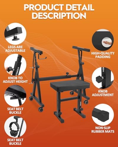 STRICH Piano Keyboard Stand Stool Set, Portable Heavy Duty Stand for 54-88 Key Electric Digital Pianos & Adjustable Piano Bench, Chair, Black, SKT-02 & SPB-M50