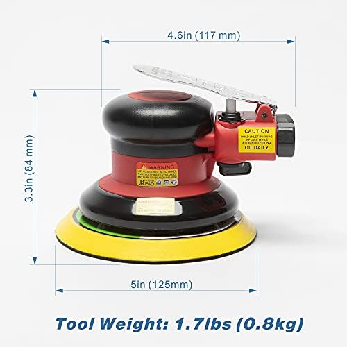 5 inch Air Random Orbital Sander, MAX 12000 RPM 3/16" Orbit Heavy Duty Dual Action Pneumatic Palm Sander, for Auto Body Woodworking Metal, with 10 Sandpapers & Extra Backing Pad