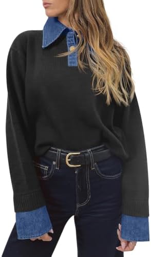 Saodimallsu Womens Denim Patchwork Sweaters V Neck Polo Pullover Tops