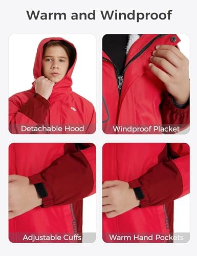 wantdo Boys' 3-in-1 Ski Jacket Fleece-Lined Winter Coat Hooded Raincoat
