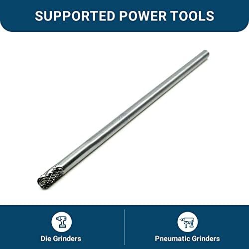 Benchmark Abrasives 6” Cylindrical Ball Nose Shape Double Cut Tungsten Carbide Die Grinder Bits Metal Deburring Tool Rotary Burr, 1/4 Inch Shaft, Engraving Tool for Woodworking Shaping Carving (SC-1)