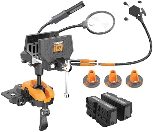 Work IQ Tools IQ Vise & IQ Connect | 360° Articulating Bench Vise & Hands-Free Accessory System with 3 Bench Mounts | Includes Vise Jaws, Magnifying Glass, Rechargeable Work Light & Cell Phone Holder