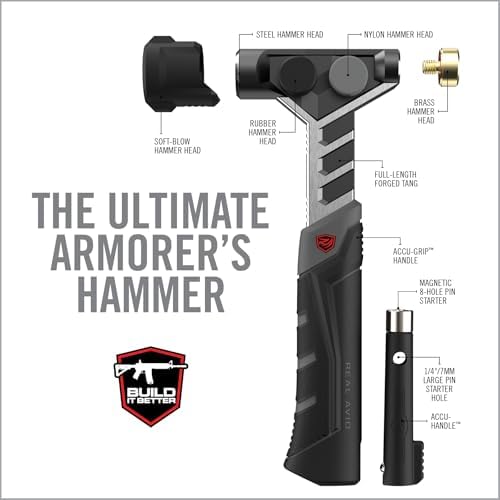 Real Avid Armorer's Master Hammer - 20 Ounce 9-1/2" Hammer with Changing Heads Including Soft Blow, Steel, Rubber & Brass Head + Magnetic Pin Starter