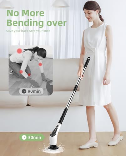 8-Head Cordless Electric Spin Scrubber, Adjustable Handle, White