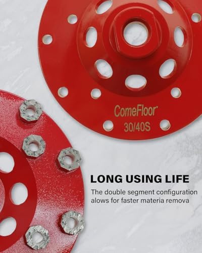 Diamond Grinding Cup Wheel for Hard Concrete Floor, Epoxy Coating Removal, 15 Aggressive Honeycomb Segments, 5 Inch 5/8”-11 Thread, 30/40 Grit