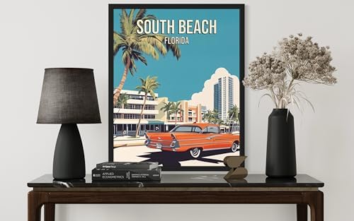 South Beach Florida Black Framed Wall Art Print Poster, US Vintage Retro Beach Scenery Posters Prints for Restroom Home Picture Painting Artwork Gallery 219 (South Beach Florida, 24"L x 18"W, Black Frame)
