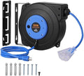 VEVOR 45FT Retractable Extension Cord Reel, 12AWG/3C SJTOW Heavy Duty Power Cord w/Lighted Electrical Triple Tap Outlets, 15A Circuit Breaker, 180° Swivel Bracket for Workshop or Garage, Blue