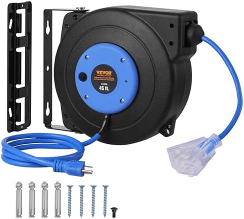 VEVOR 45FT Retractable Extension Cord Reel, 12AWG/3C SJTOW Heavy Duty Power Cord w/Lighted Electrical Triple Tap Outlets, 15A Circuit Breaker, 180° Swivel Bracket for Workshop or Garage, Blue