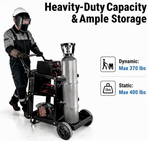 Welding Cart, 3-Tier Heavy Duty Welder Cart with 400LBS Load Capacity, 360° Swivel Wheels with Dual Cylinder Slots & Safety Chains, Rolling Cart for Welders & Plasma Cutters