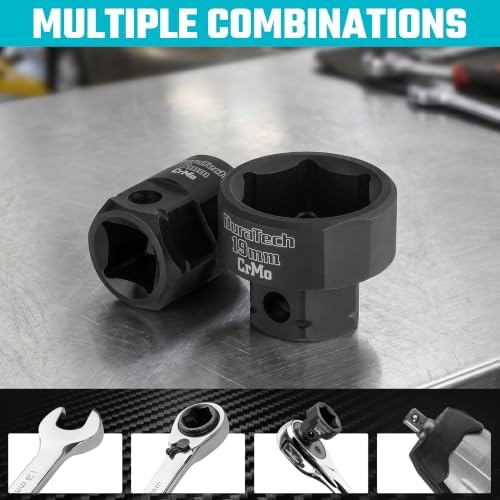 DURATECH 10-Piece 3/8" Drive Stubby Impact Socket Set for Narrow Spaces | 10mm-19mm, Metric, Cr-Mo Steel, Size Markings, for Tight Spaces, Organized in Magnetic Storage Rail, for Automotive Repairs