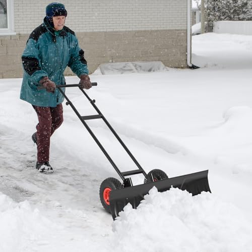 Moccha 36” Wide Snow Pusher - Heavy-Duty Efficient Snow Shovel with Wheels, 7-Position Angled Blade, Ergonomic Handle for Snow Removal, Back Saver Snow Plow Shovel for Driveway and Sidewalks