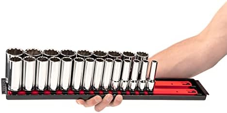 TEKTON 1/2 Inch Drive 12-Point Socket Set, 23-Piece | SHD92121 | (10 - 32 mm), Deep, Socket Rail