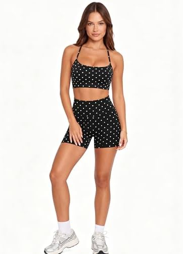 SUUKSESS Women 2 Piece Workout Sets Padded Halter Sports Bras High Waisted Biker Shorts with Pockets