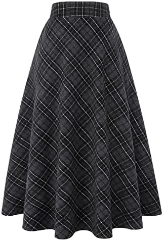 IDEALSANXUN Womens Plaid Wool Skirts Elastic Waist A-Line Pleated Tartan Long Skirts