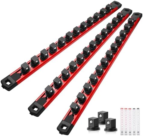 Reniteco Magnetic Socket Organizer Set, 3-Pack 1/2” Socket Rails | 36 Clips, Heavy-Duty Aluminum Alloy Rails, 360° Swivel Removable ABS Clips, Magnetic Base, Toolbox Drawer or Wall Mount
