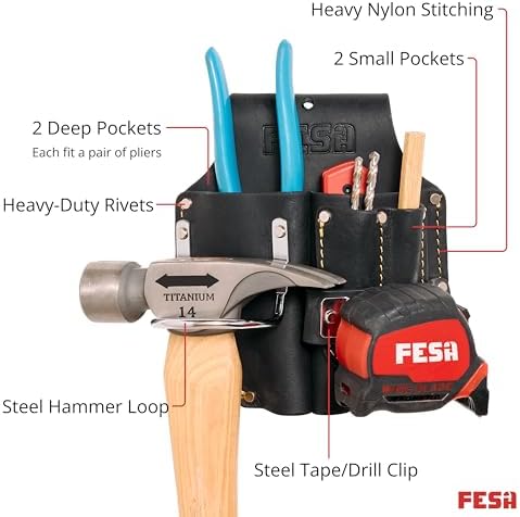 FESA Durable Leather Pliers Holster - Leather Double Plier Holder for Belt with Steel Hammer Holder, Tape Clip & 2 Carpenter's Pencil Pockets - Clip On Any Belt - Handcrafted