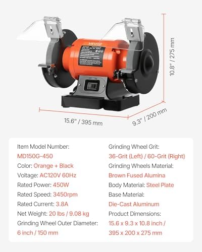 VEVOR Bench Grinder, 6-in Single Speed, 3450RPM High-Speed Table Grinders with 450W 3.8A 3/5Hp Induction Motor, 36/60-Grit Grinding Wheel & Adjustable Eye Shield for Fast Sharpening Grinding