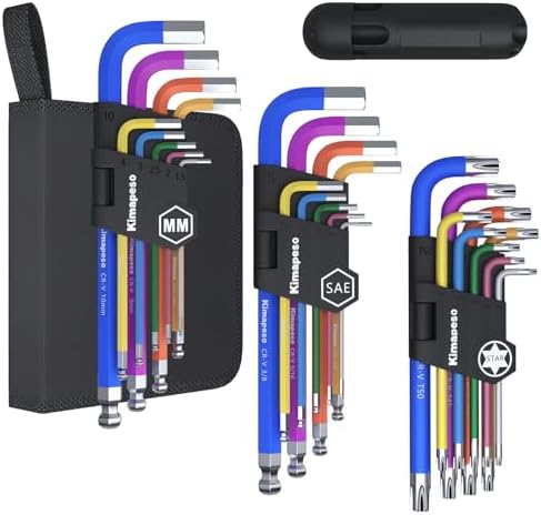 27 PCS Allen Key Set Torx SAE Metric Allen Wrenches Set Long Arm Ball End Hex Key Wrench Sets with T-Handle L-Hex Key Set Metric 1.5 to 10mm SAE 1/16 to 3/8″ Torx T10 to T50