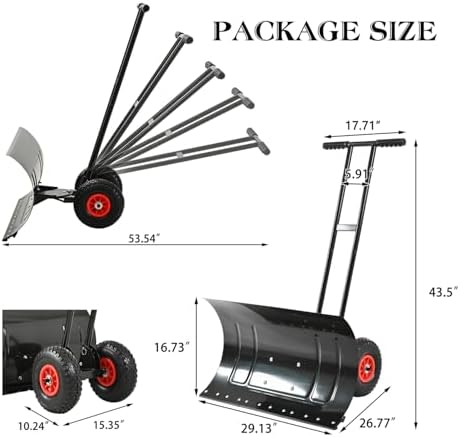 Snow Shovel with Wheels for Driveway, Heavy Duty Snow Pusher with Wheels and Angled Blade for Efficient Snow Removal, Back Saver Snow Plow with Safety Reflective Tape (Black)