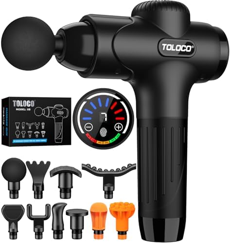 TOLOCO Massage Gun Deep Tissue, Percussion Massage Gun with 10 Replacement Heads, Super Quiet Portable Electric Massager for Athletes, Relax, Fathers Day Dad Gifts, Black