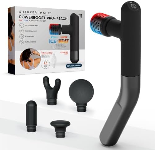 Sharper Image PowerBoost Reach Massage Gun| Guided Massage Program| iOS Android Apple Watch App| Hot + Cold Therapy| Touchscreen| Extension Handle| Deep Tissue Percussion Massager| Gifts for Men Women