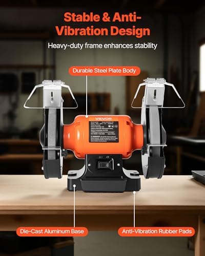 VEVOR Bench Grinder, 8-inch Single Speed, 3450RPM High-Speed Table Grinders with 550W 4.5A 3/4Hp Induction Motor, 36/60-Grit Grinding Wheel & Adjustable Eye Shield for Fast Sharpening Grinding