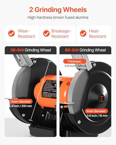 VEVOR Bench Grinder, 8-inch Single Speed Bench Grinder, 3450RPM High-Speed Table Grinders with 350W 3.0A Induction Motor, 36/60-Grit Grinding Wheel & Adjustable Eye Shield for Fast Sharpening Grinding