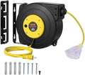 VEVOR Retractable Extension Cord Reel, 45 FT, Heavy Duty 12AWG/3C SJTOW Extension Power Cord with Lighted Triple Tap Outlet, 15A Circuit Breaker 180° Swivel Bracket for Ceiling or Wall Mount, Yellow